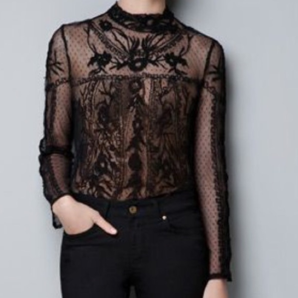 ISO ZARA LACE EMBROIDERED SWISS DOT FLOWERS TOP